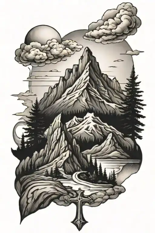 cross and mountain peak tattoo design idea