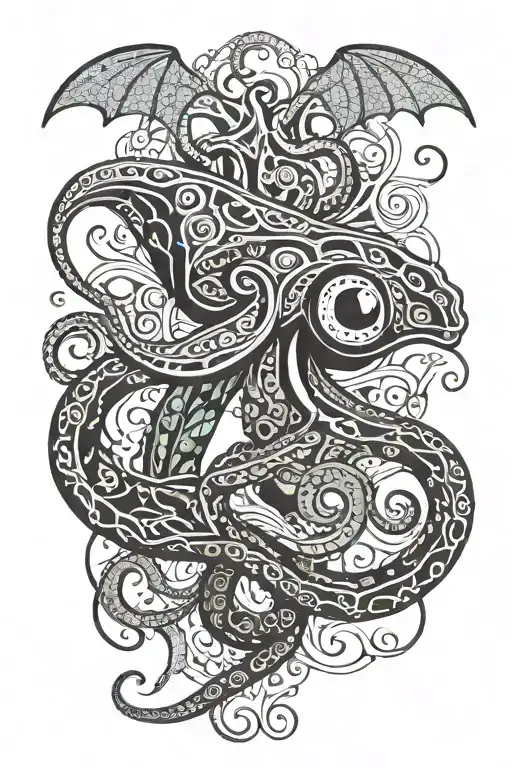 peppered moths flying around a giant dark colorful octopus with stretching tentacles with a chameleon on the side tattoo design idea