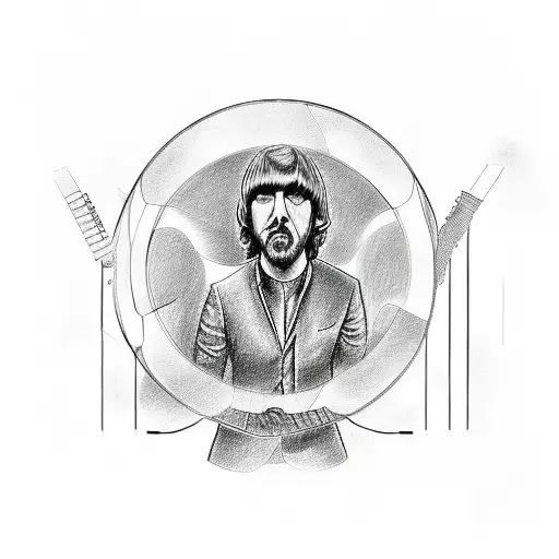 A detailed sketch of The Beatles playing instruments with colorful sound waves tattoo design idea