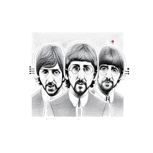 A detailed sketch of The Beatles playing instruments with colorful sound waves tattoo design idea