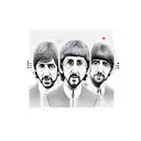 A detailed sketch of The Beatles playing instruments with colorful sound waves tattoo design idea