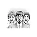 A detailed sketch of The Beatles playing instruments with colorful sound waves tattoo design idea