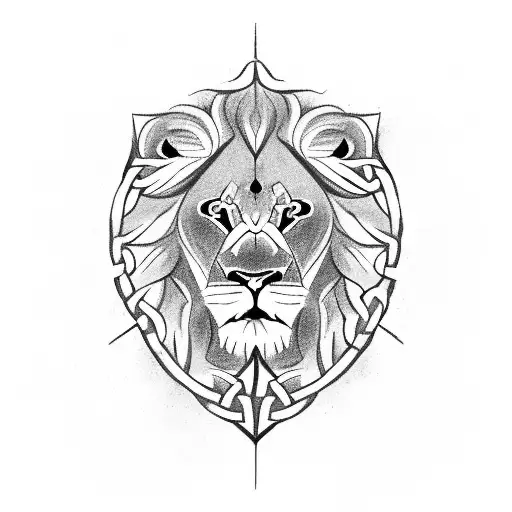 A male lions face with mane, a celtic triskel on its forehead and a celtic shield knotwork behind it tattoo design idea
