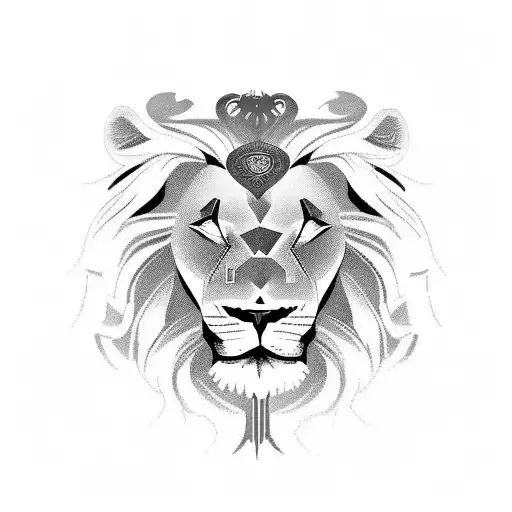 A male lions face with mane, a celtic triskel on its forehead and a celtic shield knotwork behind it tattoo design idea