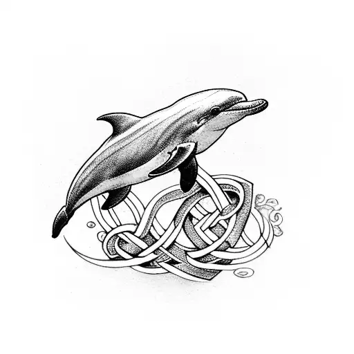 A dolphin jumping over a celtic knotwork river, symbolizing the client's love for animals and irish mythology tattoo design idea