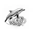 A dolphin jumping over a celtic knotwork river, symbolizing the client's love for animals and irish mythology tattoo design idea