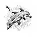 A dolphin jumping over a celtic knotwork river, symbolizing the client's love for animals and irish mythology tattoo design idea