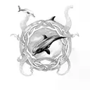 A dolphin jumping over a celtic knotwork river, symbolizing the client's love for animals and irish mythology tattoo design idea