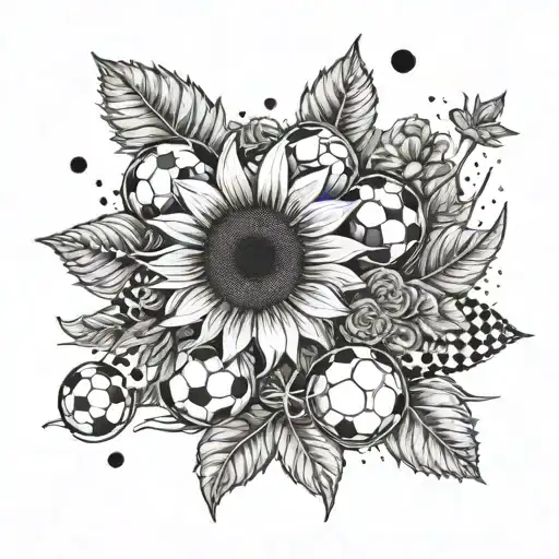 A sunflower bouquet with soccer balls as the center of the flowers, with sanddollars scattered around tattoo design idea