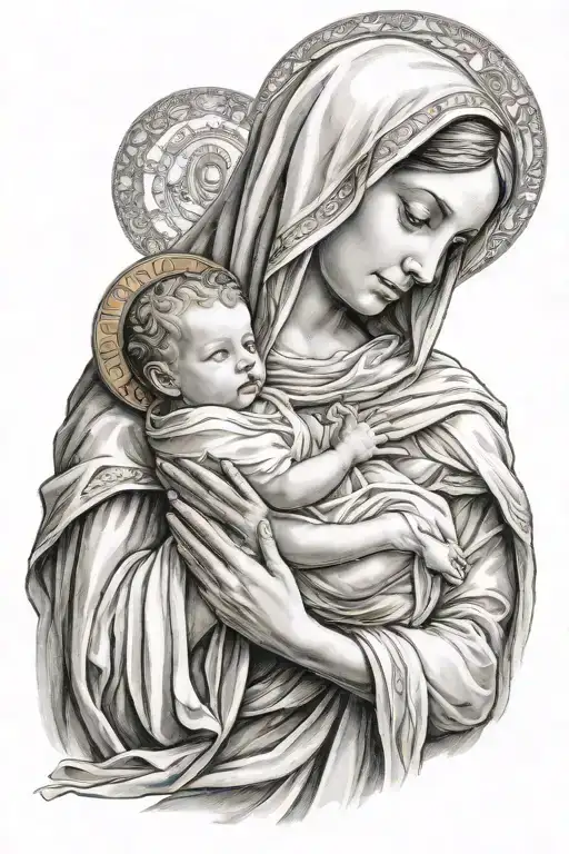 Virgin Mary holding baby Jesus Christ tattoo design idea