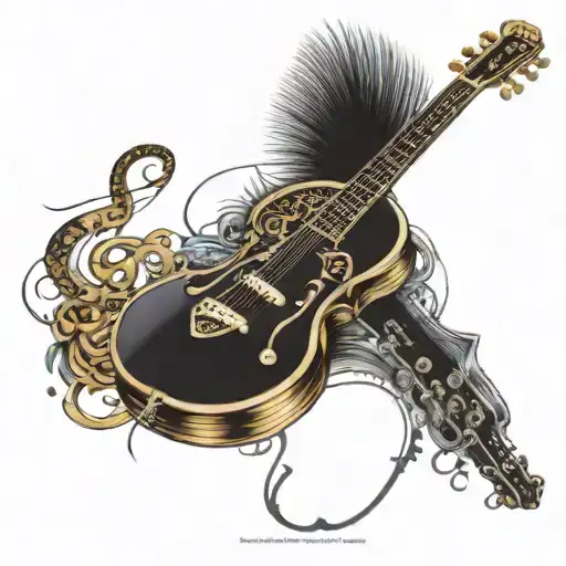 A detailed mandala design incorporating musical instruments and motivational quotes, reflecting the client's passion for music and hard work ethic tattoo design idea