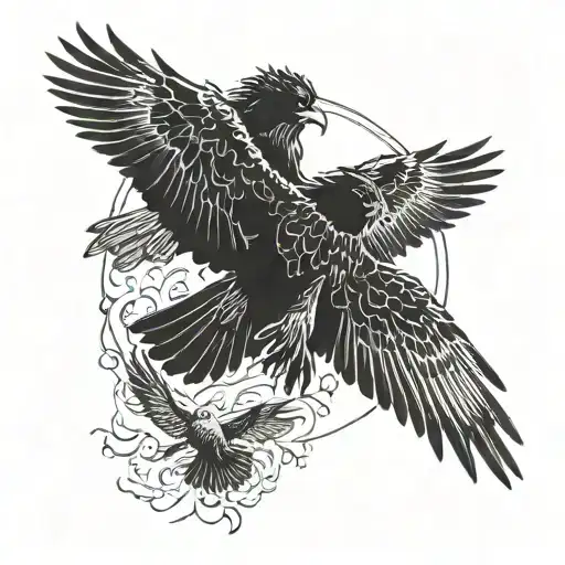 A father and son silhouette embracing with a hawk flying overhead tattoo design idea