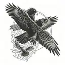 A father and son silhouette embracing with a hawk flying overhead tattoo design idea