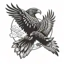 A father and son silhouette embracing with a hawk flying overhead tattoo design idea