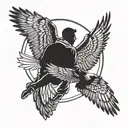 A father and son silhouette embracing with a hawk flying overhead tattoo design idea