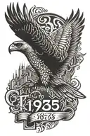 A stylized 1973 in a graffiti font with a soaring hawk in the background tattoo design idea