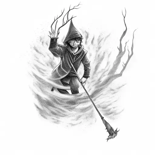 A black-grey tattoo of Harry Potter riding a broomstick through a storm of Dementors, with lightning bolts crackling in the background tattoo design idea