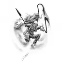 A black-grey tattoo of Harry Potter riding a broomstick through a storm of Dementors, with lightning bolts crackling in the background tattoo design idea
