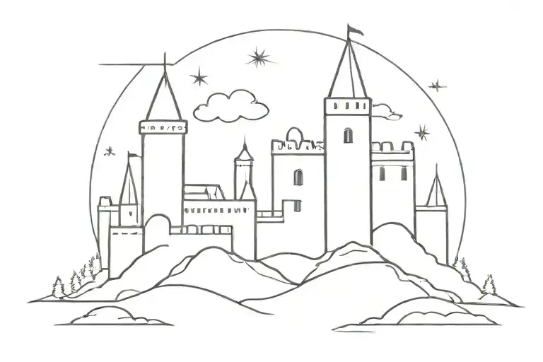 minimalist stick and poke outline of a castle with only two towers that indicates stormy weather is arriving.  tattoo design idea