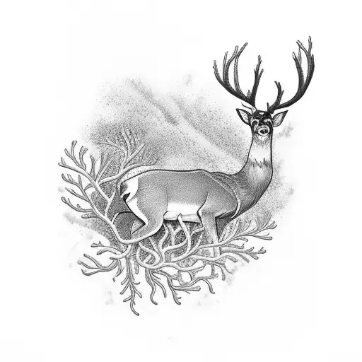 A majestic deer swimming underwater surrounded by colorful coral reefs tattoo design idea