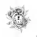 arm sleeve with a clock and roses and a quote about family tattoo design idea
