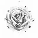 arm sleeve with a clock and roses and a quote about family tattoo design idea