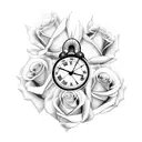 arm sleeve with a clock and roses and a quote about family tattoo design idea