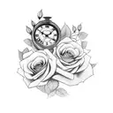 arm sleeve with a clock and roses and a quote about family tattoo design idea