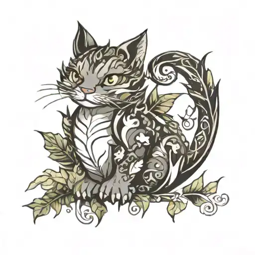 cat dragon with leafs and birds tattoo design idea
