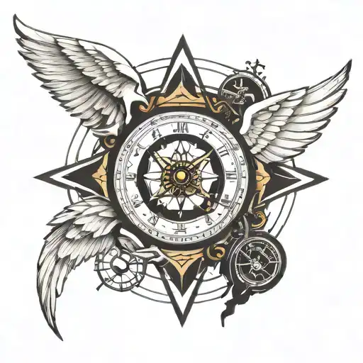make a tattoo, half clock half compass incorporate an silhouette of an man angel figure, inside a geometric shape diamon tattoo design idea