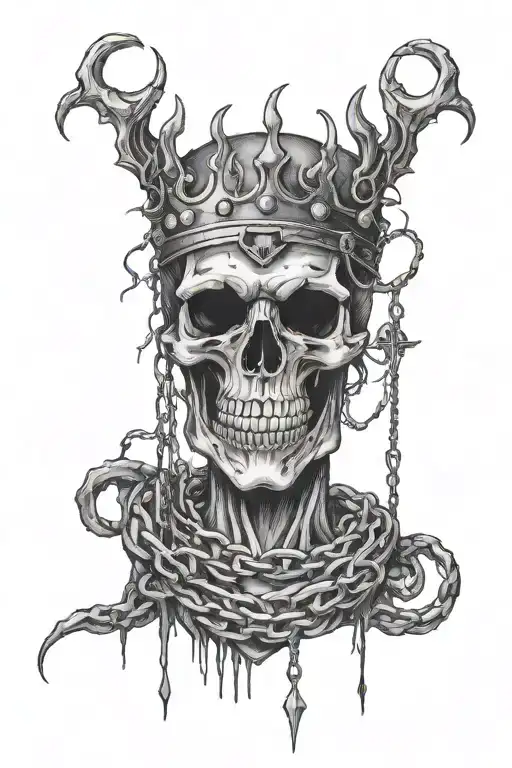 demonic skull with a cracked crown wrapped in chains with words no gods no masters only man tattoo design idea