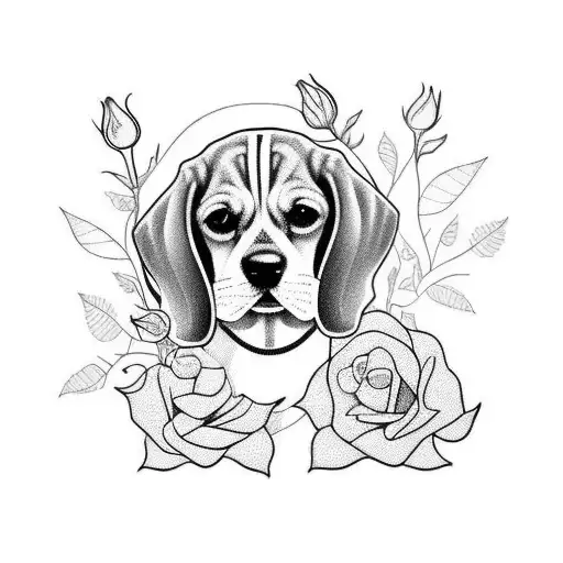 cute beagle with roses tattoo design idea
