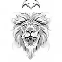 Half lion roaring half cross. Lamb at the bottom of lion looking to the lion. And a dove above the lion flying up. tattoo design idea