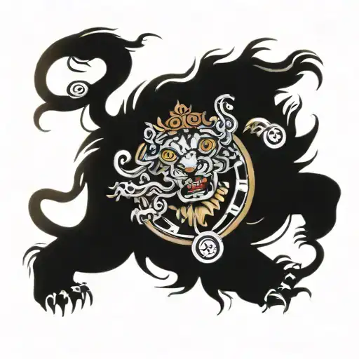 Tibetan snow lion with clock surrounded tattoo design idea