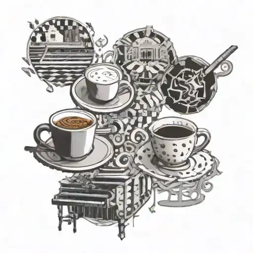 A collage of different scenes from the Life is Strange video game, intertwined with piano keys and coffee cups, all in a dotwork style tattoo design idea
