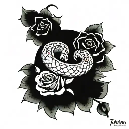 A tattoo design featuring a infinity snake with roses, incorporating Aztec symbols tattoo design idea