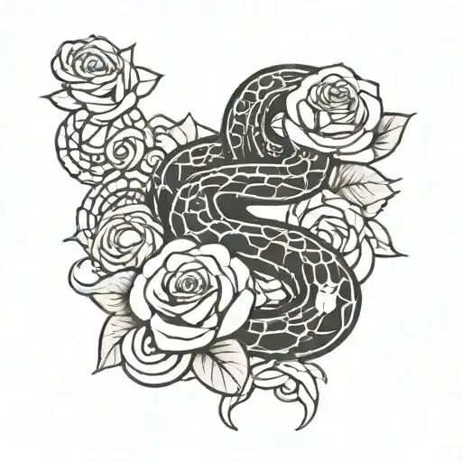 A tattoo design featuring a snake intertwined with roses, incorporating Aztec symbols tattoo design idea