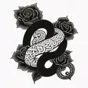 A tattoo design featuring a infinity snake with roses, incorporating Aztec symbols tattoo design idea