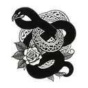 A tattoo design featuring a infinity snake with roses, incorporating Aztec symbols tattoo design idea