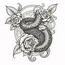 A tattoo design featuring a snake intertwined with roses, incorporating Aztec symbols tattoo design idea