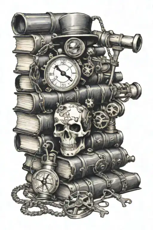 steampunk inspired uneven stack of books with compass, skeleton keys and monocular tattoo design idea