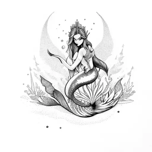 a mermaid and a fairy with black and one more color tattoo design idea