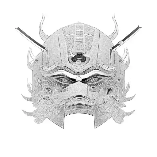 ronin mask with Japanese structures  tattoo design idea