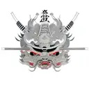 ronin mask with Japanese structures  tattoo design idea