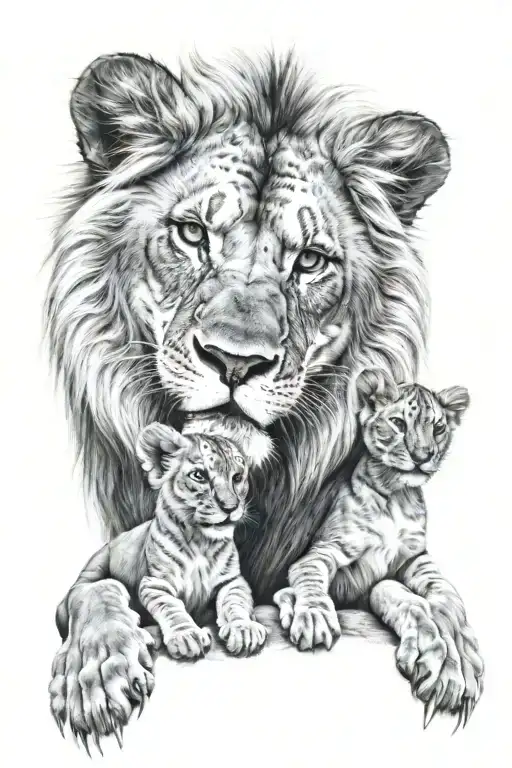 a male lion with ice blue eyes and his baby girl tattoo design idea