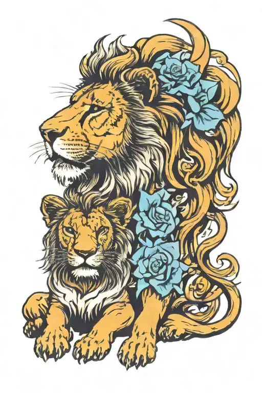 a male lion with blue eyes protecting his daughter tattoo design idea