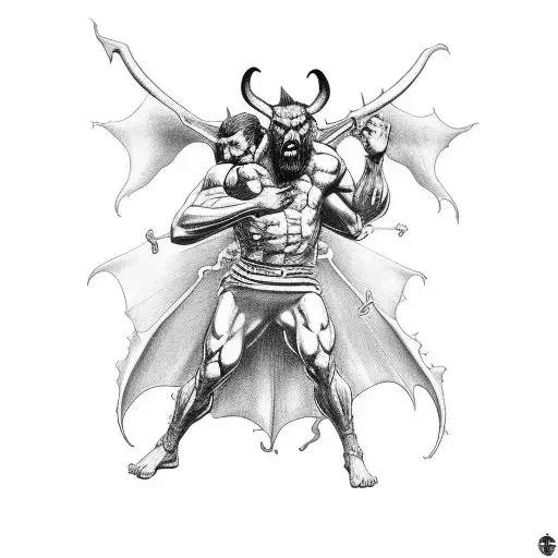 God giving devil a headlock in fight tattoo design idea