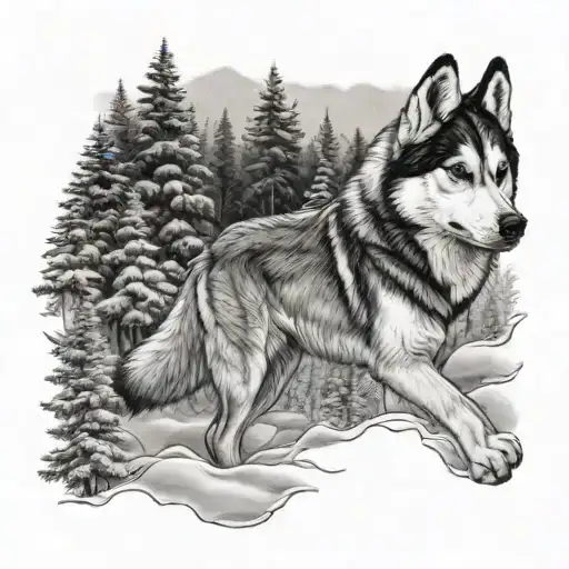 siberian husky in a forest with snow tattoo design idea