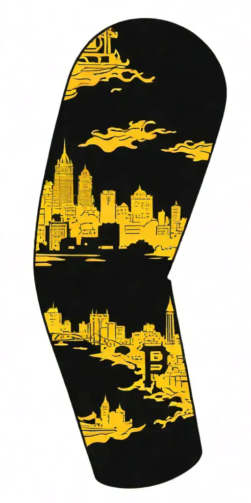 Pittsburgh Pirates P on forearm sleeve, with Pittsburgh skyline tattoo design idea
