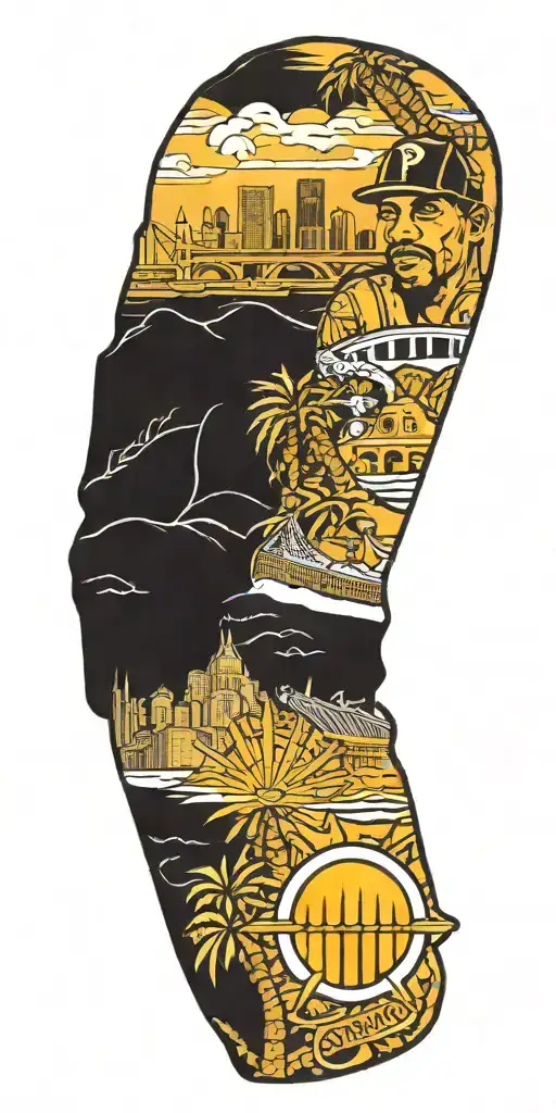 Pittsburgh Pirates P, Roberto Clemente Bridge, Pittsburgh Skyline, USA Wrestling emblem, Palm Trees tattoo design idea